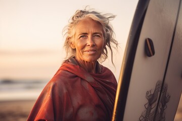 Wall Mural - Portrait of senior woman with surfboard on the beach at sunset. Sport concept. Vacation and Travel Concept with Copy Space.