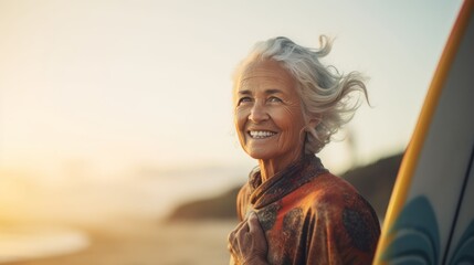 Wall Mural - Portrait of smiling senior woman with surfboard on the beach at sunset. Sport concept. Vacation and Travel Concept with Copy Space.