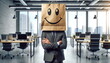a man with a paper bag on his head with a picture of happy emotions