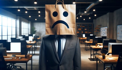a man with a paper bag on his head with a picture of sad emotions. blue office background