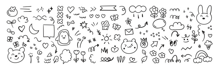 Wall Mural -  Doodle line sketch childish element set. Flower, heart, cloud children draw style design elements background. Vector illustration.