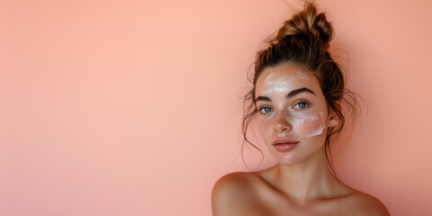 Wall Mural - Young woman with a bun with soap facial cleaner on her face. Skincare beauty product commercial portrait concept on a pastel peach background with copy space