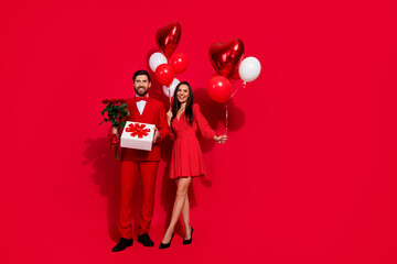 Poster - Full length photo of stunning young couple present celebration valentine day wear trendy elegant garment isolated on red color background