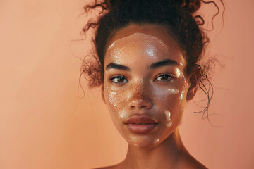 Wall Mural - young black woman with a bun with soap facial cleaner on her face. skincare beauty product commercia