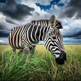 Fototapeta Konie - View of the head of a zebra animal seen from the front eating grass with a natural background of grassland, lighting from sunset and daylight, good for use for blogs, websites etc.