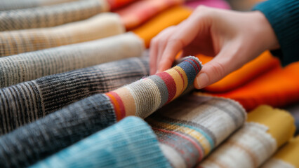 Feeling the Weave: A Close-Up of a Hand Touching Fabric Samples