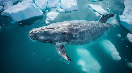 Wall Mural - Aerial top-down drone view of a whale swimming around icebergs at Greenland, Arctic