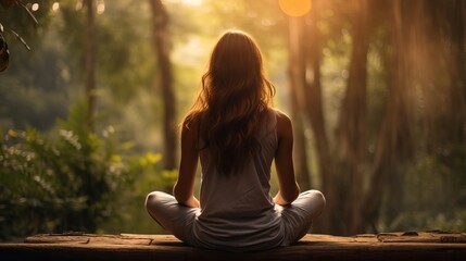 Back of woman relaxingly practicing meditation yoga in the forest to attain happiness from inner peace wisdom serenity with beam of sun light for healthy mind wellbeing and wellness soul concept