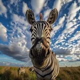Fototapeta Konie - View of the head of a zebra animal seen from the front eating grass with a natural background of grassland, lighting from sunset and daylight, good for use for blogs, websites etc.