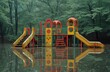 A lone tree stands tall in a waterlogged playground, surrounded by the lush forest, as children slide down the chute, splashing into the flooded park
