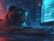 Hacker pug dog working with computer	