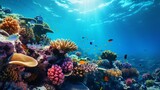 Fototapeta Do akwarium - Colorful wide blue coral reef underwater world background with tropical fish and turtle. Wonderful indian ocean at Maldives diving travel tourism and snorkeling concept