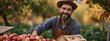 a happy farmer harvests a good harvest of apples in the garden