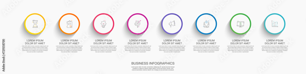 timeline template with circle buttons presentation web... Vector timeline infographics template with eight circles and options ...