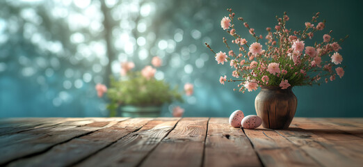 empty wooden table with defocused easter spring theme in the background