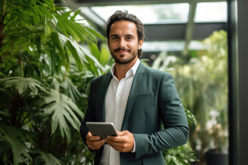 Smiling Young Entrepreneur with Tablet in Green Space