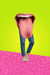 Poster - Photo artwork collage creative illustration of absurd person mouth tongue instead body legs stick isolated on green color background