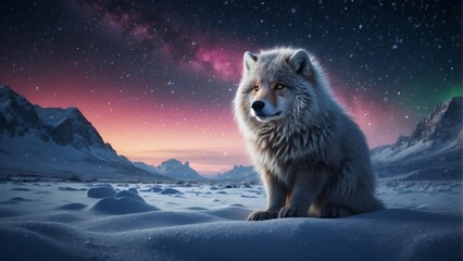 white wolf sitting in the snow against the backdrop of the starry sky and aurora borealis