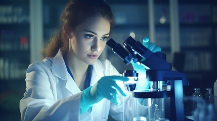 Wall Mural - Medical Research Laboratory: Portrait of a Beautiful Female Scientist Using Micro Pipette for Analysis. Advanced Scientific Lab for Medicine, Biotechnology, Microbiology Development. Hands