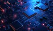 Futuristic circuit board with blue backlight and central processing unit, detailed rendering of electronic components