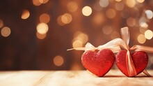 Two Red Handmade Wooden Hearts And Ribbons On Golden Bright Glitter Lights Bokeh Background Valentines Day