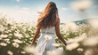 © Graphics.Parasite - Evoke a sense of calmness by photographing a field of daisies with beautiful woman in white dress , where white blooms sway gently in the breeze.