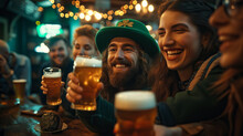 Group Of Friends Toasting With Beer In Pub. St. Patrick's Day Celebration - AI Generated 
