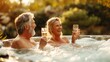 elderly couple in an outdoor hot tub raising champagne glasses. celebrating a personal anniversary or enjoying retirement.