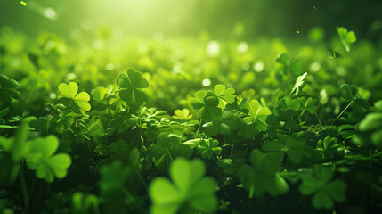 Wall Mural - Green grass with green heart shaped shamrocks leaves in natural background for St. Patrick's day - AI Generated