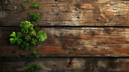 Wall Mural - Top view clover leaves on wood for St. Patricks Day background with copy space - AI Generated