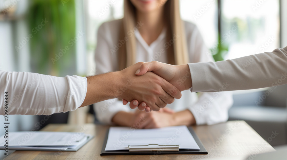Professional handshake between man and woman at table with documents ...