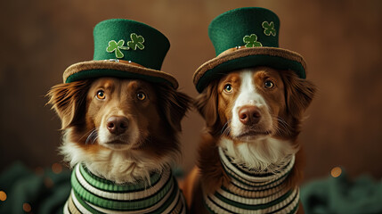 Wall Mural - Cute two dogs wearing a leprechaun hat on blurred brown background. Saint Patrick's Day theme concept - AI Generated Abstract Art