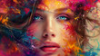 Elegant Woman With Piercing Blue Eyes: A Colorful Modern Portrait of Beauty and Fashion in Abstract Art.