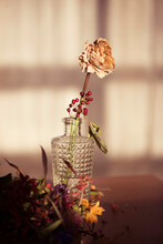 Beautiful Flowers Sitting In A Vase On A Table. Flower Arrangement From Dried And Fresh Flowers 
