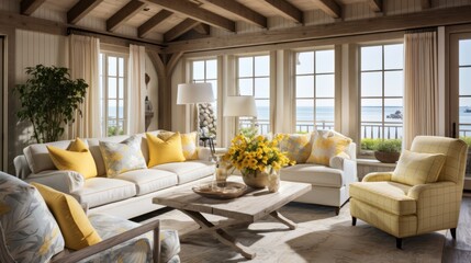 Wall Mural - beautiful small space casual living family room soft neutral wood beams  and a gorgeous grouping of swivel color fabric chairs around a striking coffee table coastal design nature freshness home