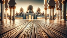 Wooden Floors In The Foreground Lead To A Blurred Background Of An Ornate Mosque With A Golden Dome