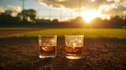 Cinematic wide angle photograph of two whisky glasses at a baseball field. Product photography.