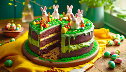 Wall Mural - Easter carrot cake decorated with cream cheese, mini easter eggs candy, sugar bunnies and marzipan carrots