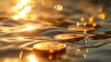 Golden Coins Floating In The Water.