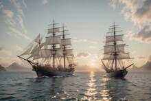 Mesmerizing Scene With Classical Old Sailing Ships Come Alongside Sailing The Sea At Sunset