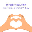 Inspire Inclusion slogan International Women's Day 8 march 2024. Iwd world campaign. Vector woman's hands on heart gesture on white background.
