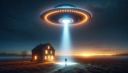 twilight abduction: lone figure and ufo at dusk
