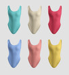 © olegphotor - Mockup of colorful sports swimwear 3D rendering, one piece swimwear, isolated on background, front view. Set