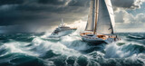 luxury motor yacht navigating in a storm in the ocean. sea ​​bad weather, big waves, boat collision