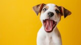 Fototapeta  - Happy funny excited little dog with long ears and wide open mouth on bright background, banner with copy space
