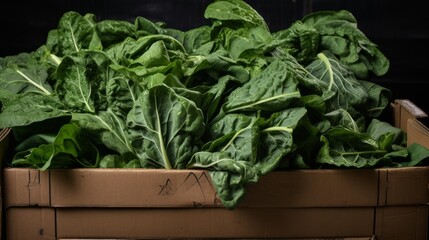 Poster - A box overflowing with vibrant green collard greens, close-up realistic photo Generative AI
