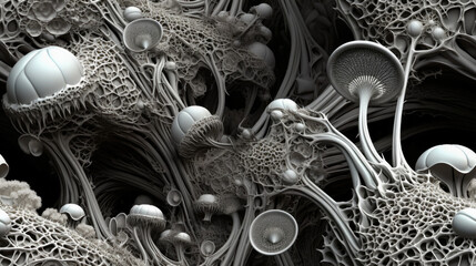 Botanical Abstract Background with Enigmatic Volumetric Florals and mushroom