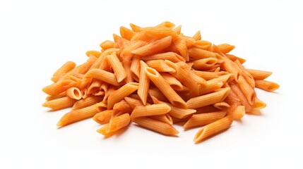 Poster - A small mound of penne rigate pasta captured in a close-up realistic photo against a white background Generative AI