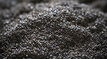 Poster - A small pile of chia seeds showcased in a close-up realistic photo against a white background Generative AI