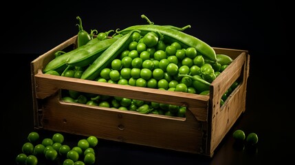 Poster - Close-up realistic photo featuring a box of freshly harvested green peas Generative AI